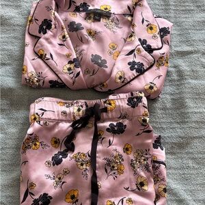 Ann Taylor Sleep Satin Floral Pajama Set L Pink Yellow Black Drawstring Piping